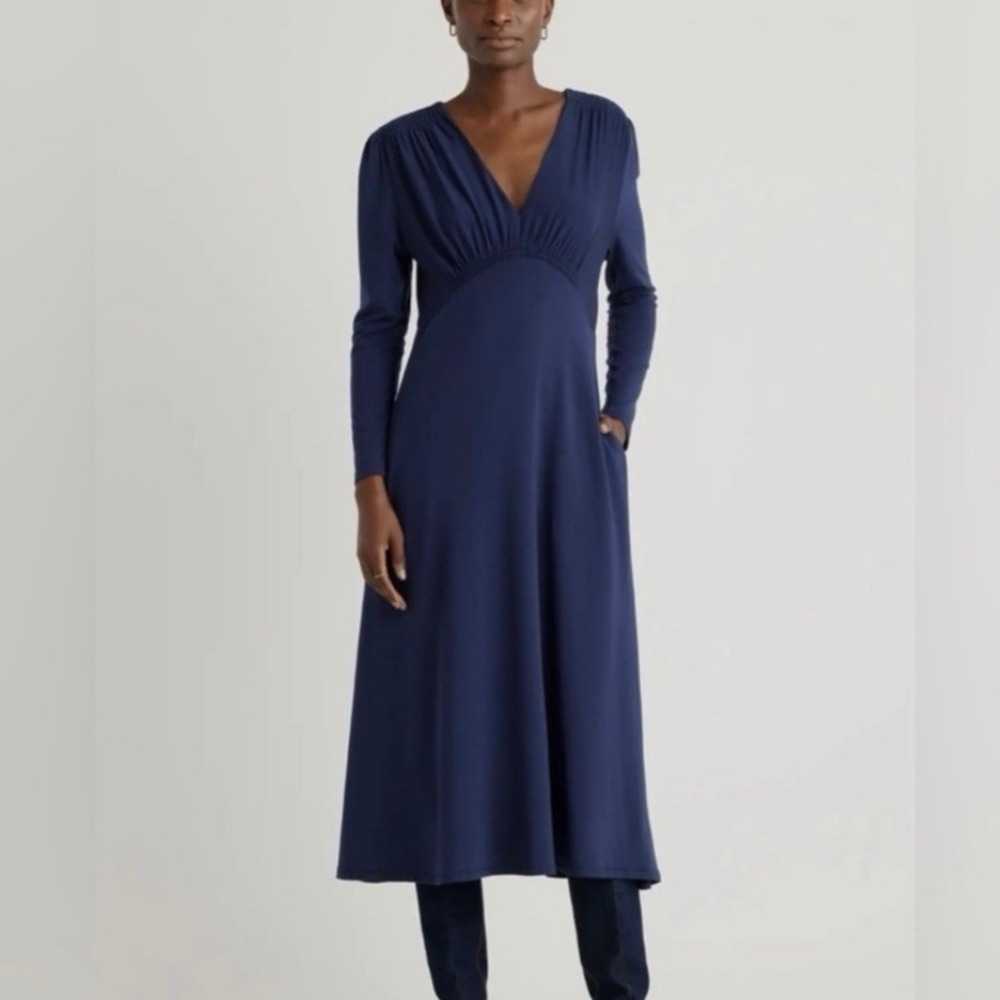 Quince Navy Blue Tencel Jersey V-Neck Long‎ Sleeve Midi Dress SZ M Minimalist